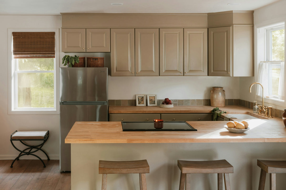 Modern kitchen with light wood countertops